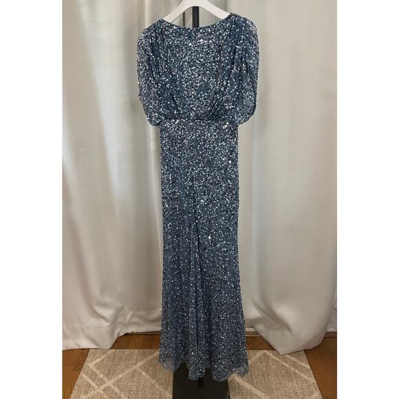 Mac Duggal Blue Draped Sleeve V-Neck Gown Slate Blue 5640 Size 4 NWT Sequins - Picture 11 of 16